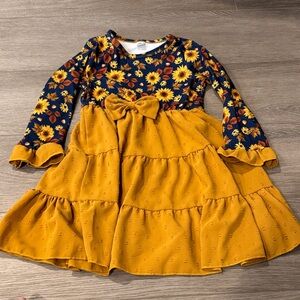 Girls Navy Sunflower & Mustard Tiered Bow Dress
